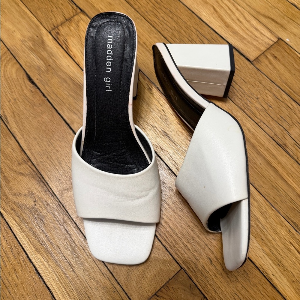 Madden Girl White Leather Block Heel Slide Mules